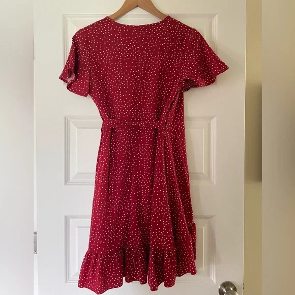 Red Polka Dot Wrap Dress, Size Small - Picture 7 of 9